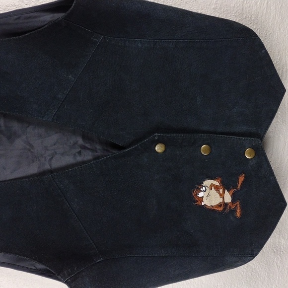 Looney Tunes Vintage 90's Tasmanian Devil Black Suede Leather Snap Front Vest - Picture 3 of 11